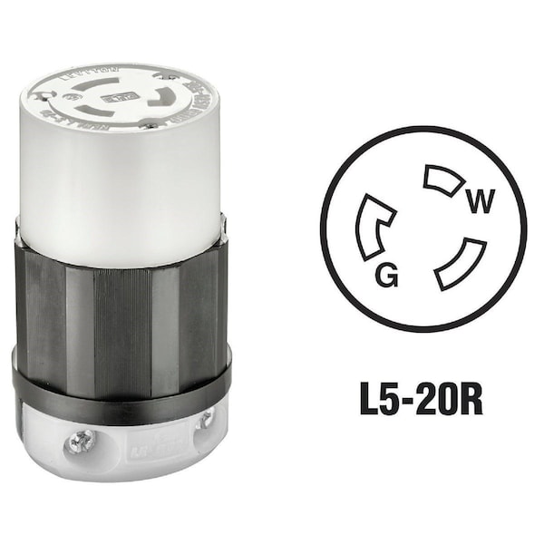 Locking Connector, L5-20R, 20 A, 125V AC, Single Phase, 2 Pole, Screw Terminals, Black, White